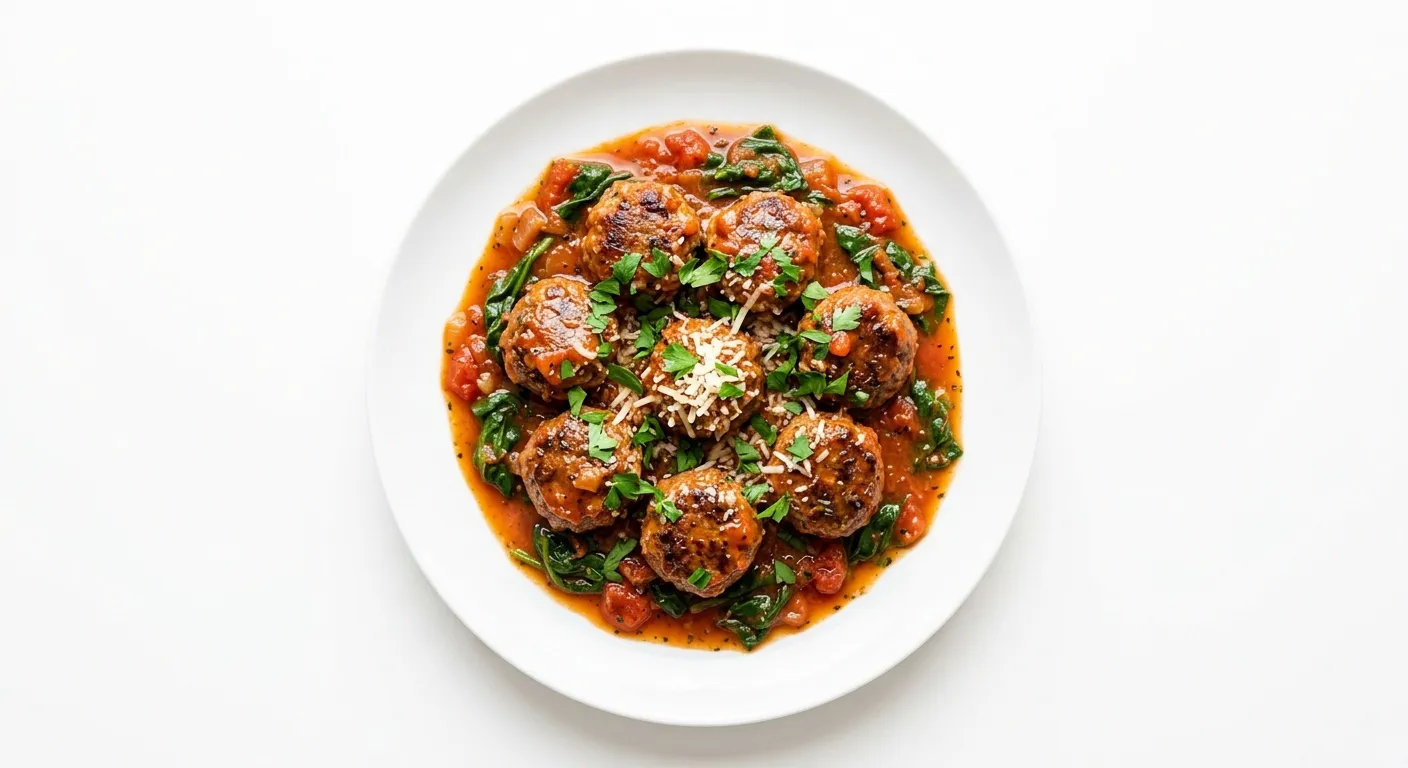 Albóndigas de carne con salsa de tomate y espinacas