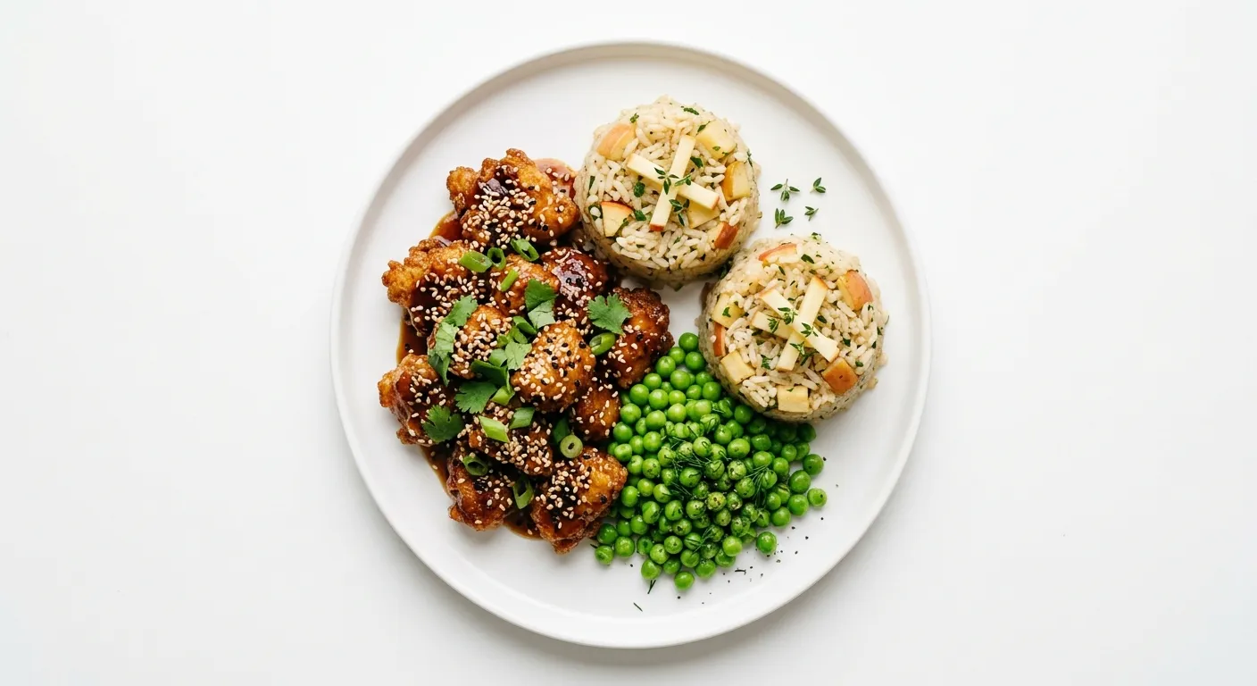 Asian Sesame Chicken with Tinned Peas and Apple Rice Cups