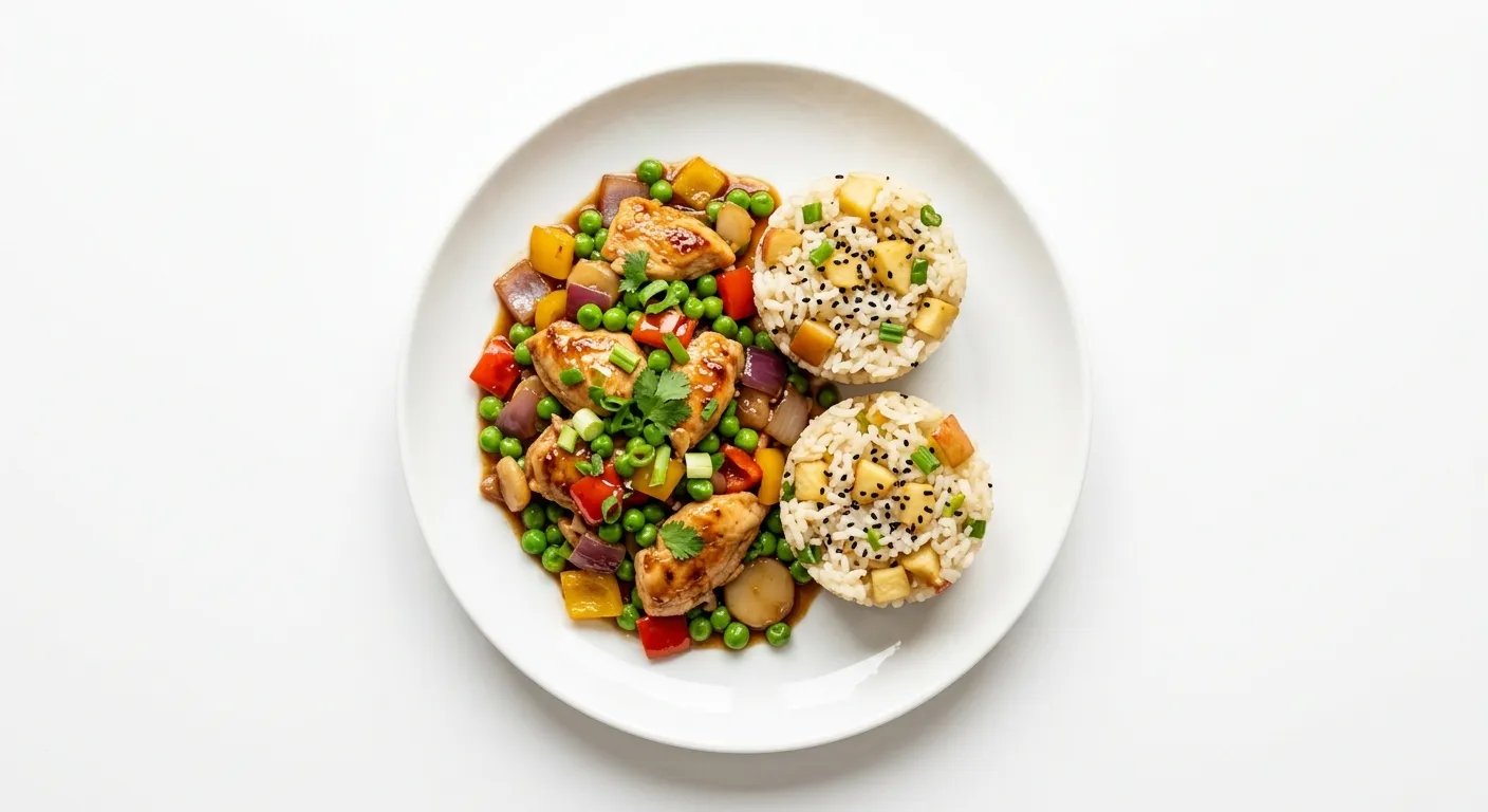 Asian Stir-Fried Chicken with Tinned Peas and Apple Rice Cups