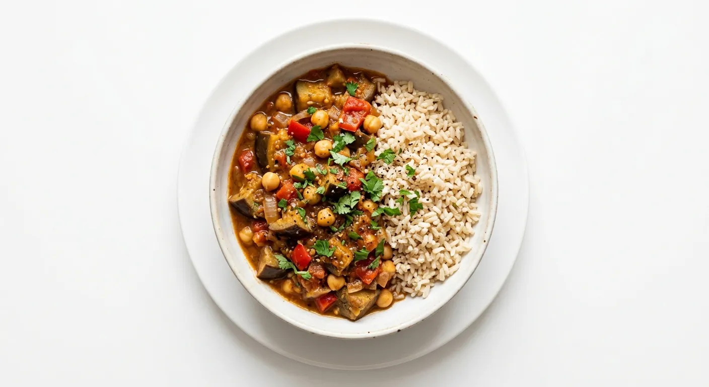 Aubergine and Chickpea Stew with Brown Rice
