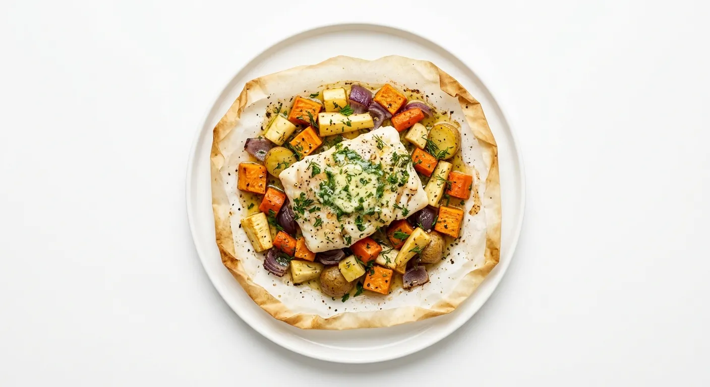 Autumnal Cod en Papillote with Root Vegetables and Herb Butter