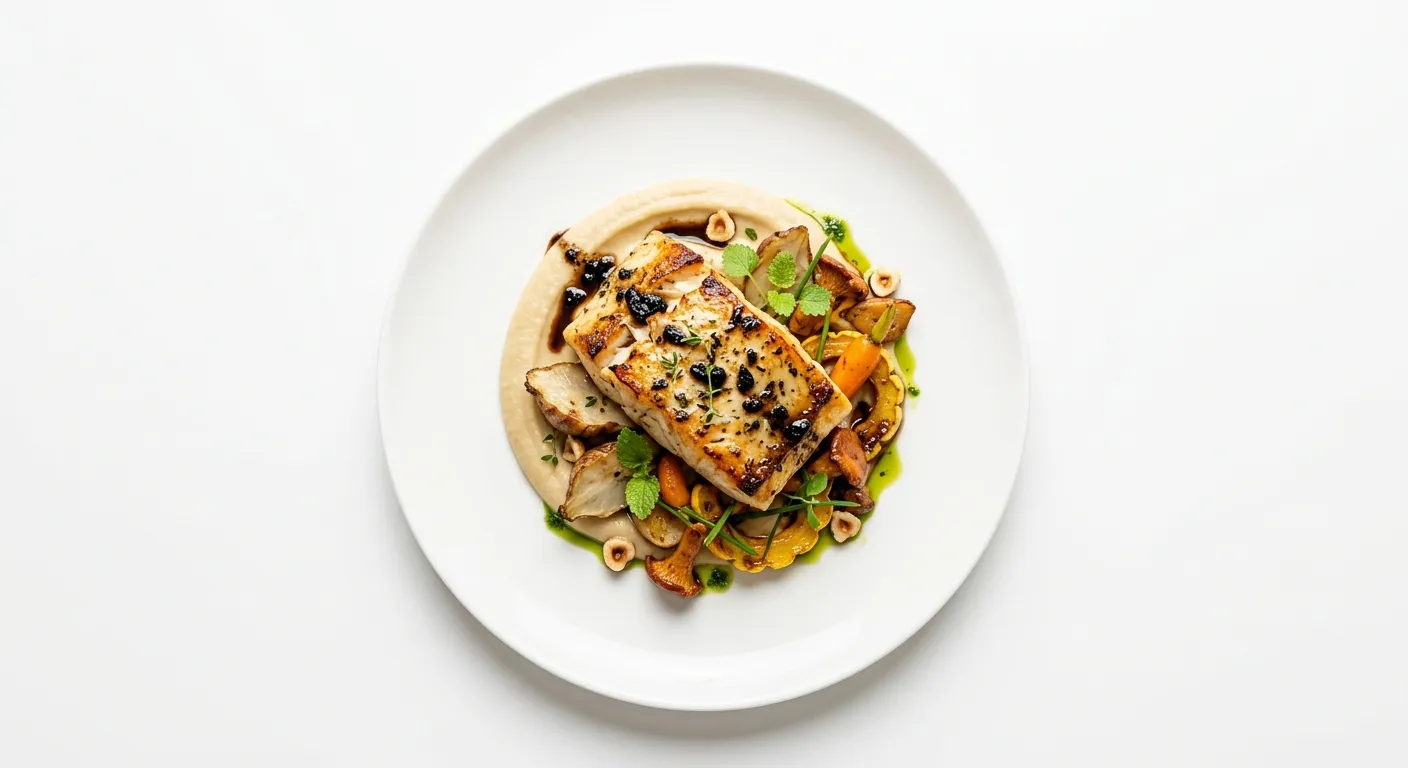 Autumnal Cod with Black Garlic and Sunchoke Puree