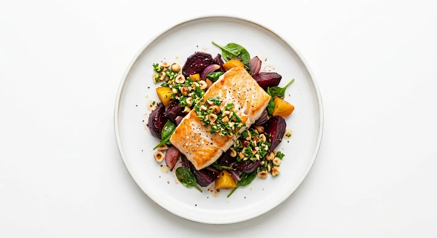 Autumnal Cod with Roasted Beetroot and Hazelnut Gremolata