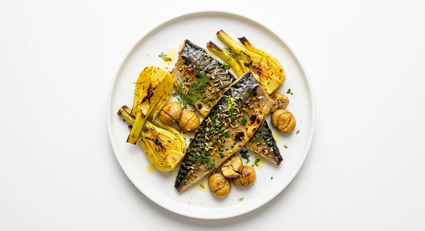 Autumnal Grilled Mackerel with Saffron-Infused Fennel and Roasted Chestnuts