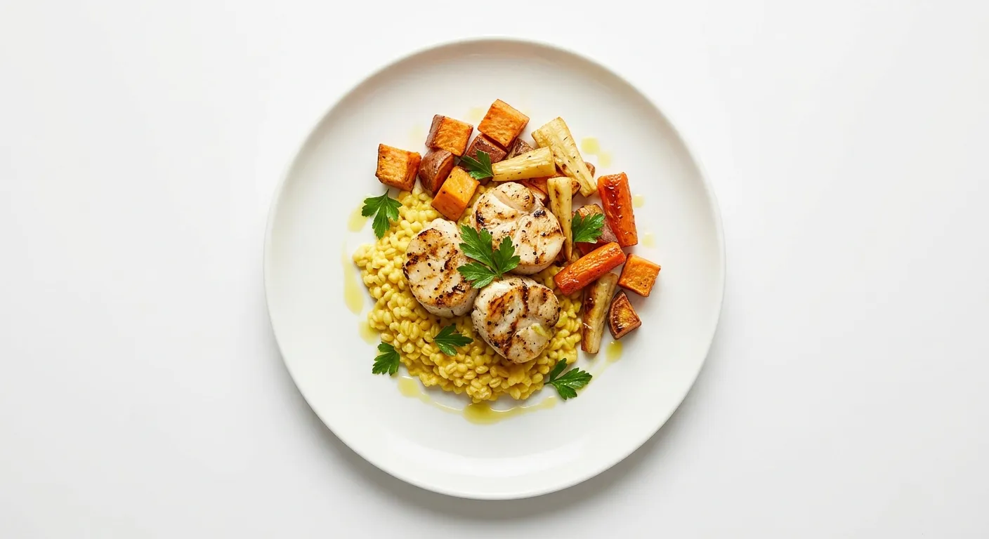 Autumnal Grilled Monkfish with Saffron-Infused Barley and Roasted Root Vegetables