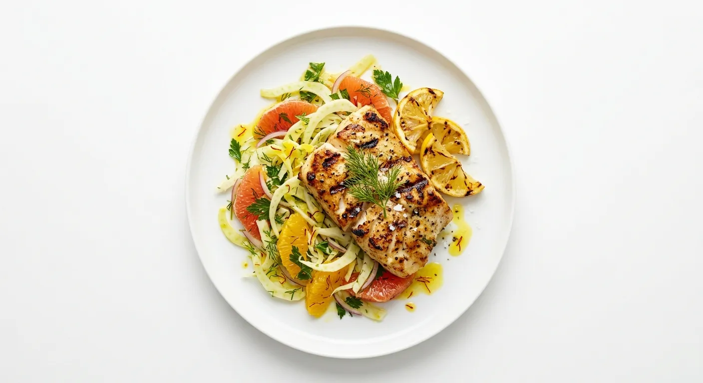 Autumnal Grilled Monkfish with Saffron-Infused Fennel and Orange Salad