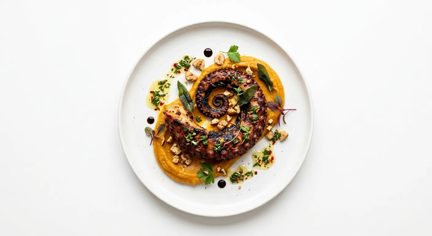 Autumnal Grilled Octopus with Pumpkin and Chestnut Puree
