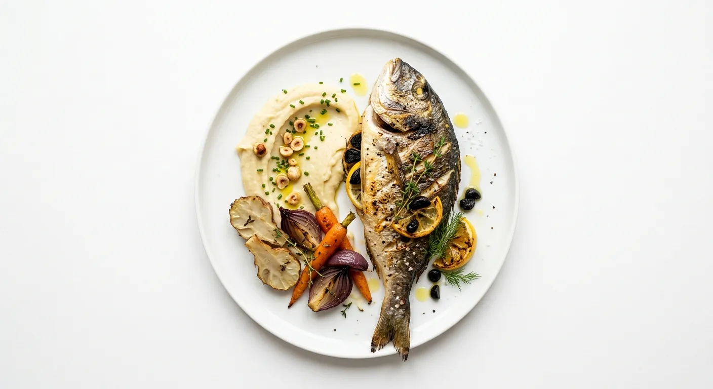 Autumnal Grilled Sea Bream with Black Garlic and Jerusalem Artichoke Puree