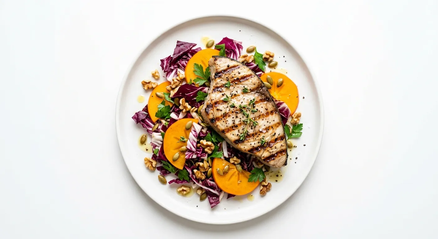 Autumnal Grilled Swordfish with Persimmon and Radicchio Salad