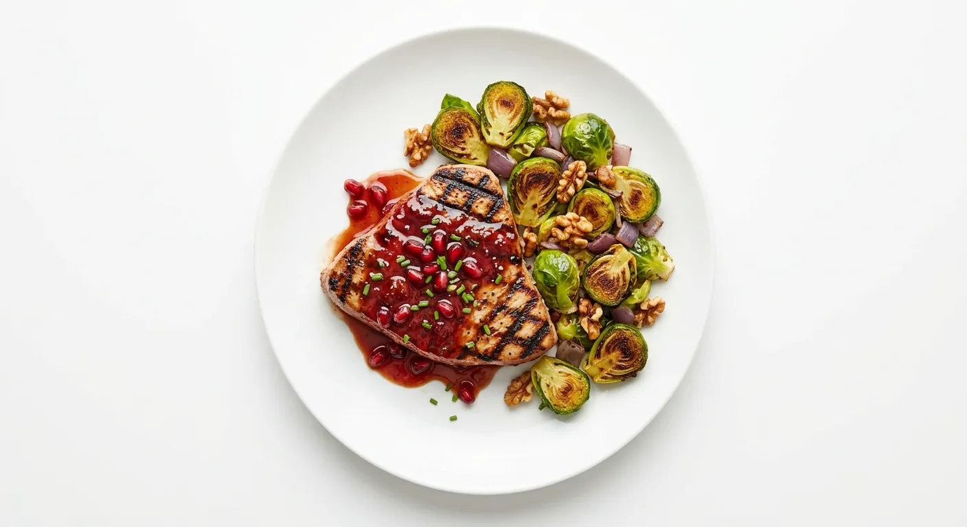 Autumnal Grilled Tuna with Pomegranate Glaze and Roasted Brussels Sprouts