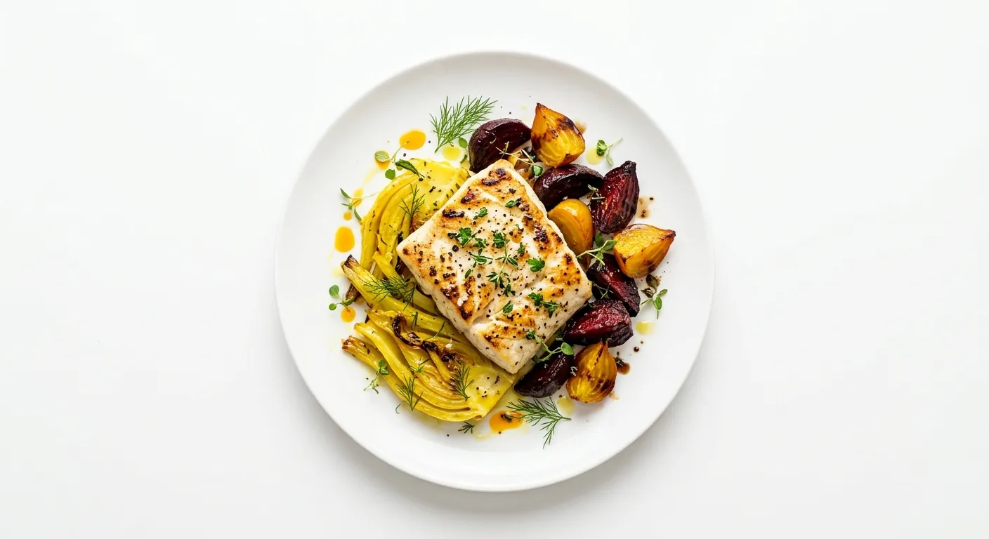 Autumnal Grilled Turbot with Saffron-Infused Fennel and Roasted Beetroot