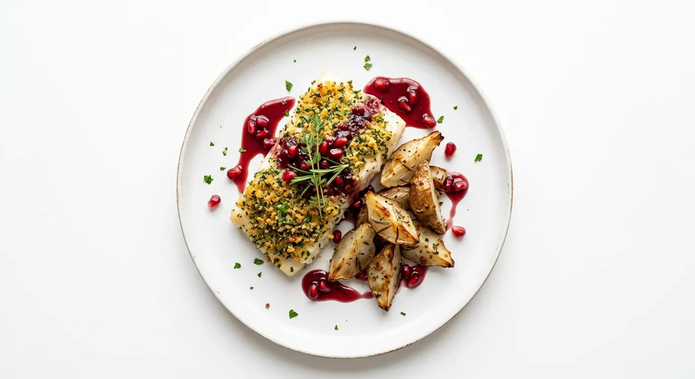 Autumnal Herb-Crusted Cod with Roasted Jerusalem Artichokes and Pomegranate Reduction