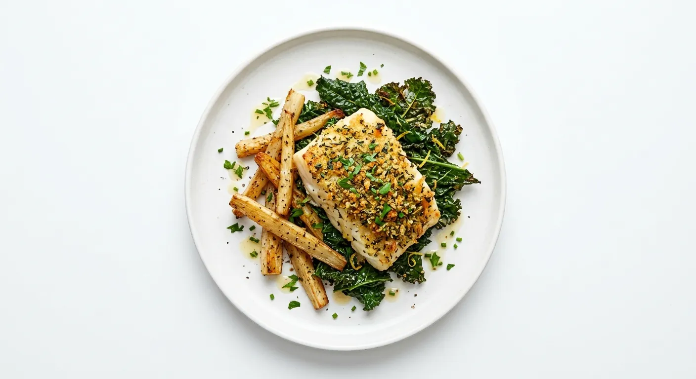 Autumnal Herb-Crusted Cod with Roasted Salsify and Kale