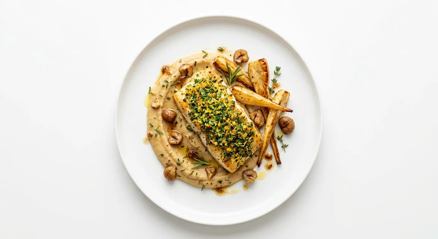 Autumnal Herb-Crusted Halibut with Roasted Parsnip and Chestnut Puree