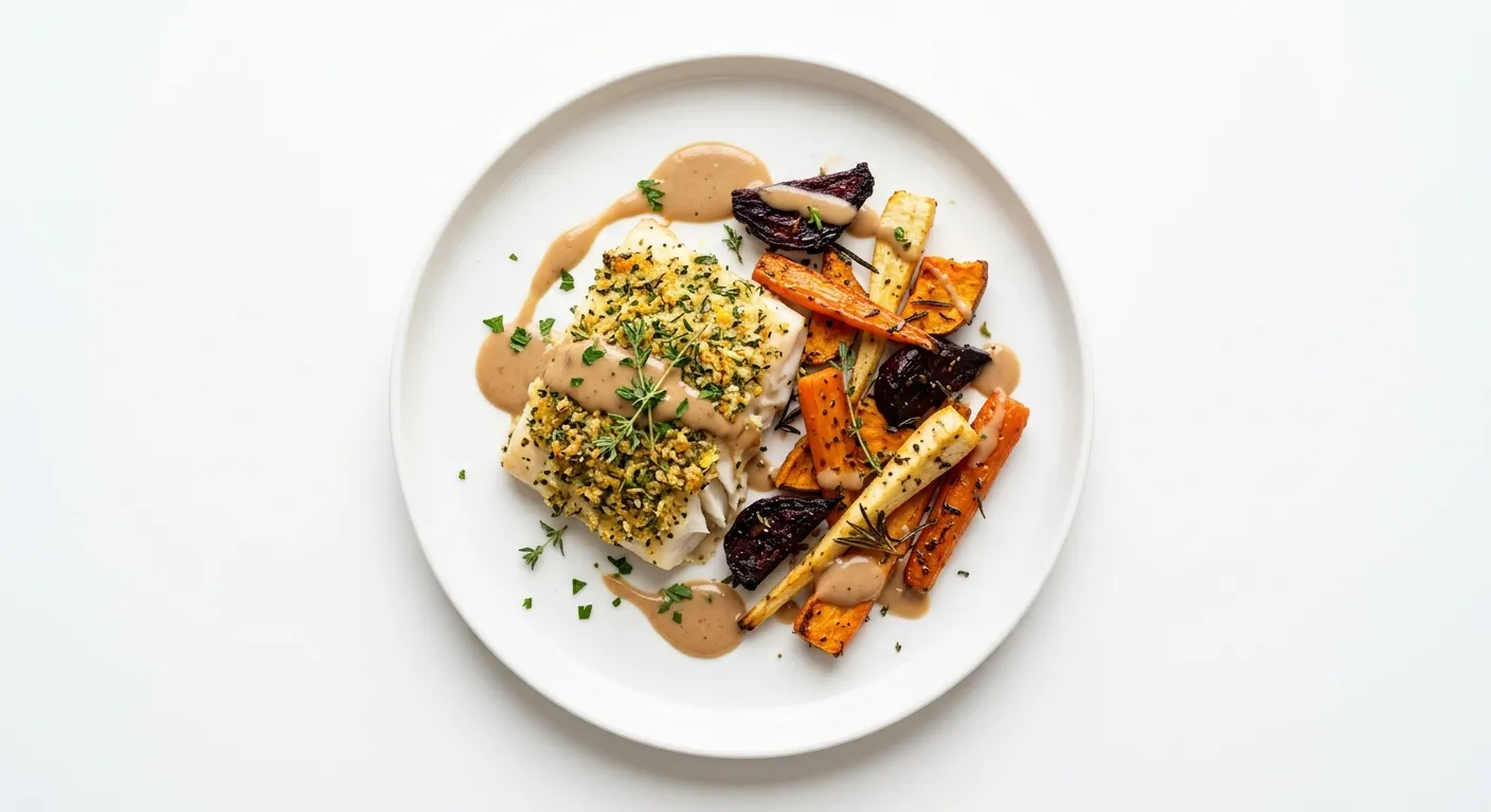 Autumnal Herb-Crusted Halibut with Roasted Root Vegetables and Chestnut Sauce