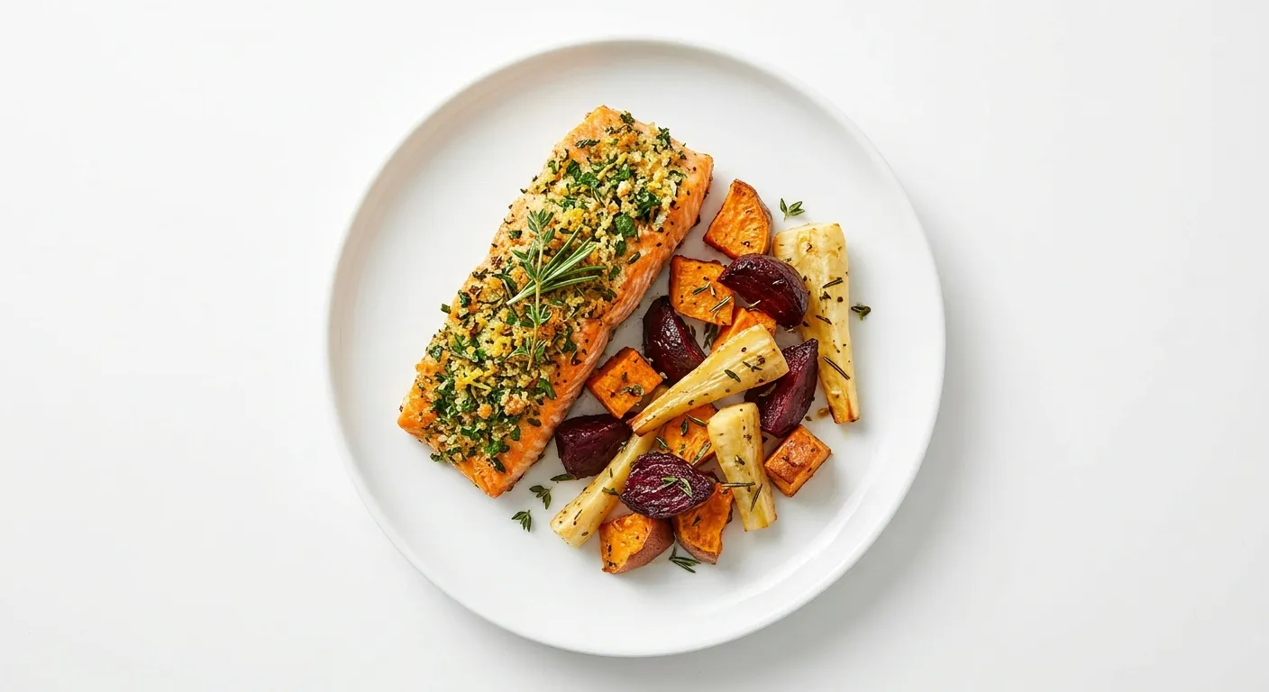 Autumnal Herb-Crusted Salmon with Roasted Root Vegetables