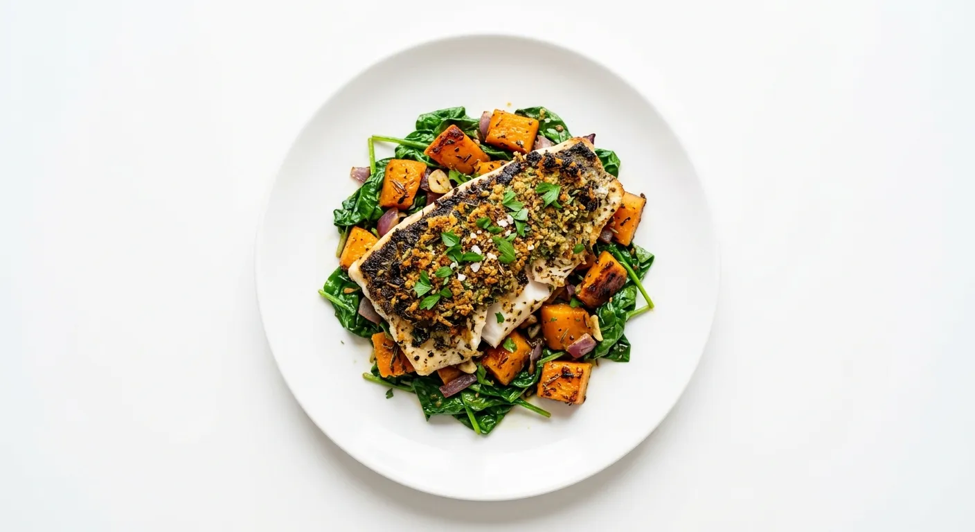 Autumnal Herb-Crusted Sea Bass with Roasted Pumpkin and Spinach