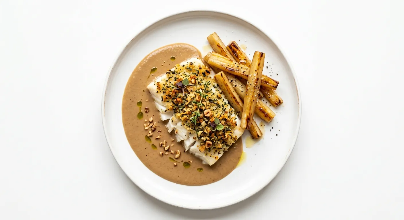 Autumnal Herb-Crusted Turbot with Roasted Salsify and Chestnut Velouté