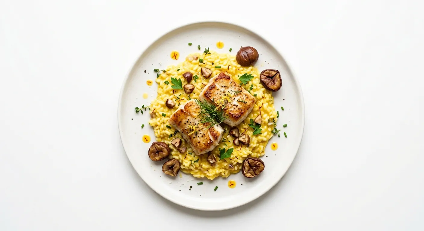 Autumnal Monkfish with Saffron-Infused Risotto and Roasted Chestnuts