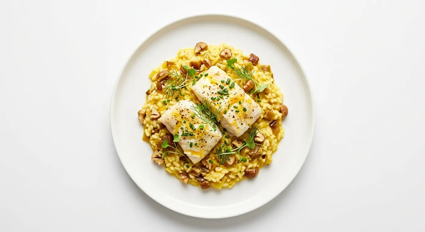 Autumnal Poached Monkfish with Saffron-Infused Leek and Chestnut Risotto