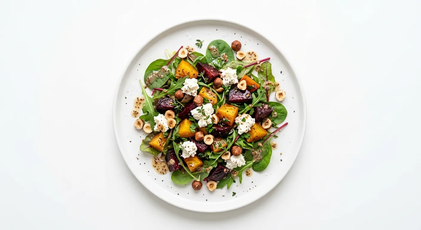 Autumnal Roasted Beetroot and Goat Cheese Salad with Hazelnut Vinaigrette
