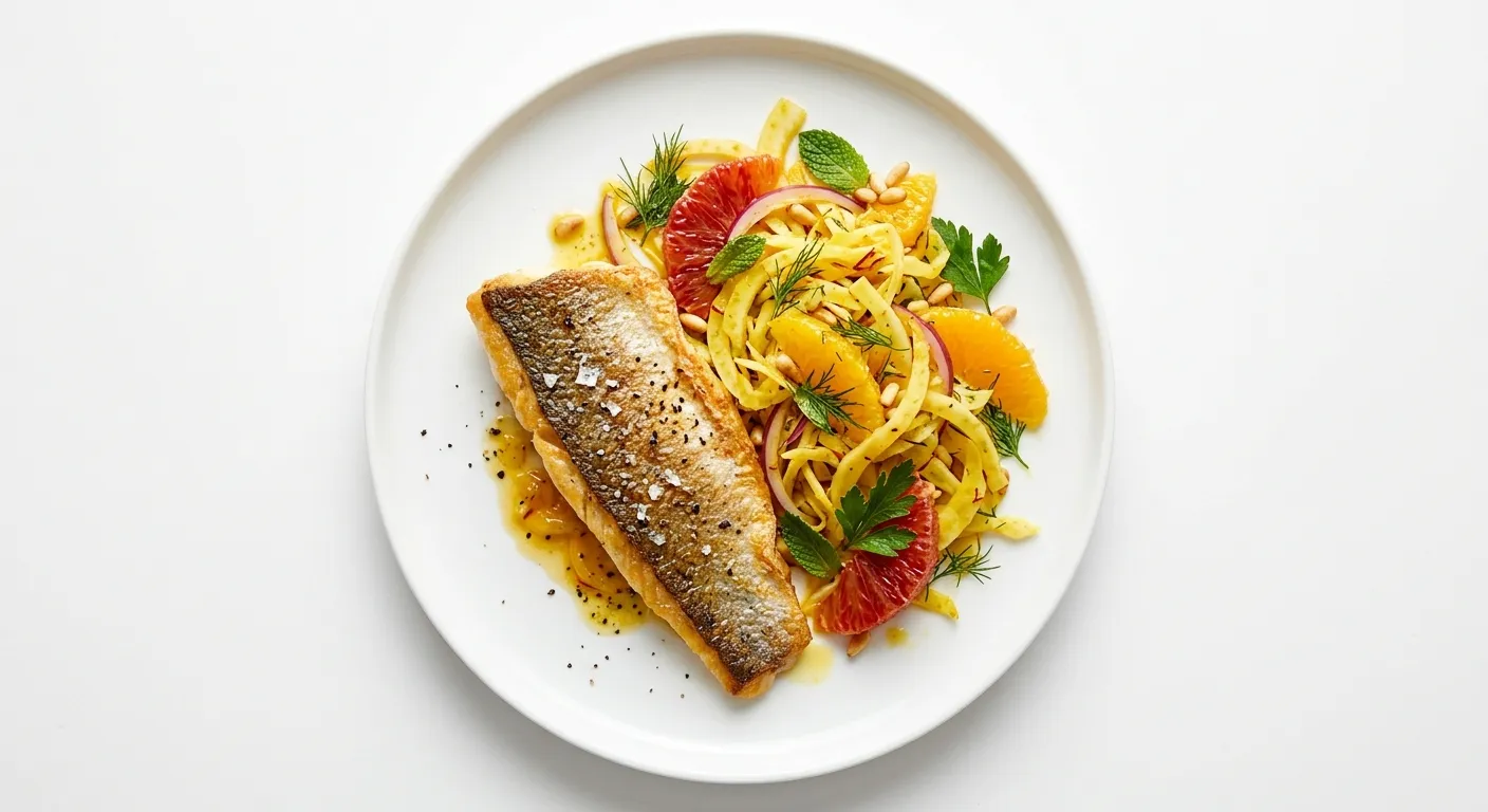 Autumnal Sea Bass with Saffron-Infused Fennel and Citrus Salad
