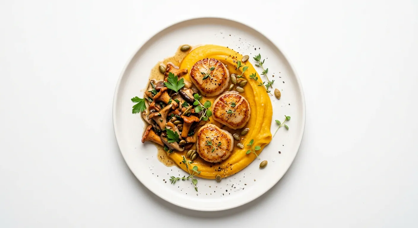 Autumnal Seared Scallops with Butternut Squash Puree and Wild Mushroom Ragout