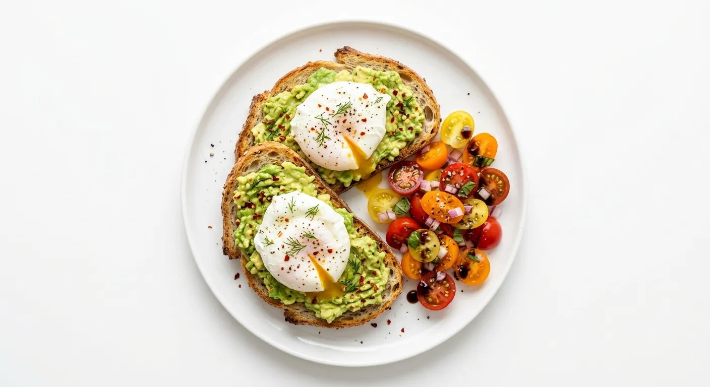 Gourmet Avocado Toast with Poached Eggs and Tomato Salad