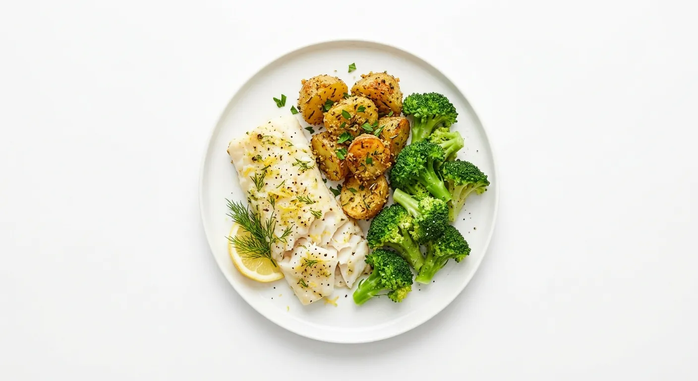 Baked Cod with Herb-Crusted Potatoes and Steamed Broccoli