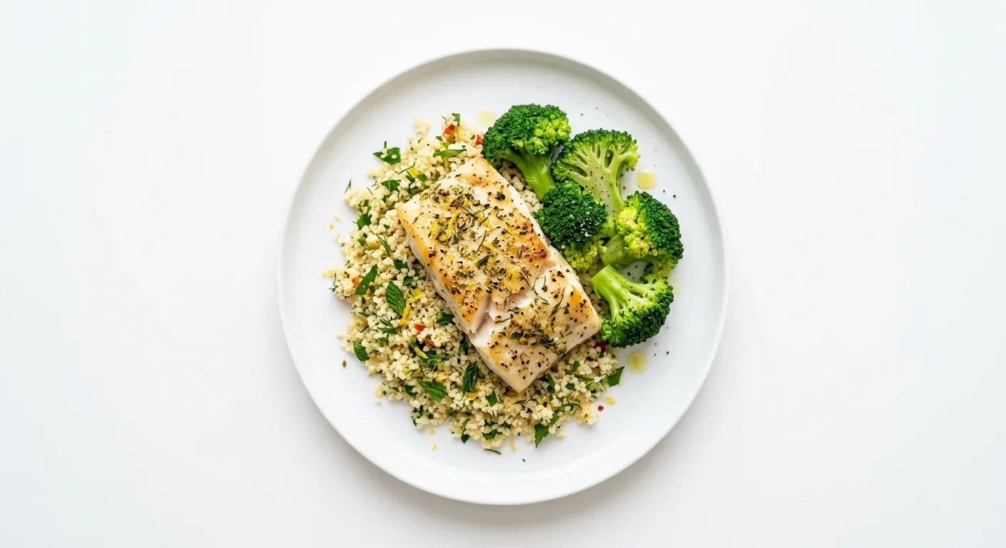 Baked Cod with Herbed Couscous and Steamed Broccoli