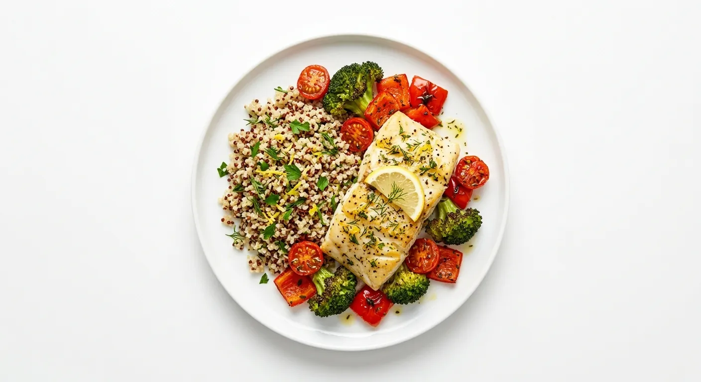 Baked Cod with Herbed Quinoa and Roasted Vegetables