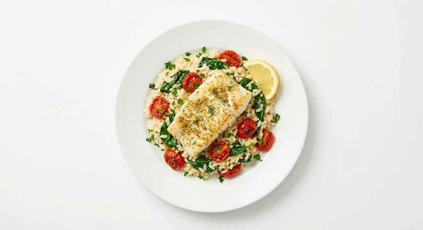 Baked Cod with Spinach and Cherry Tomato Risotto