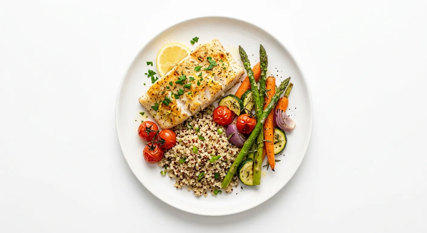 Baked Cod with Autumn Vegetables and Quinoa