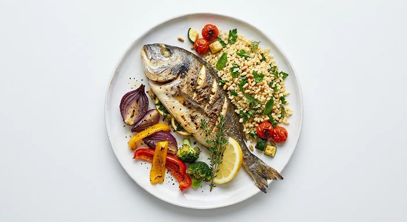 Baked Sea Bream with Herbed Bulgur and Roasted Vegetables