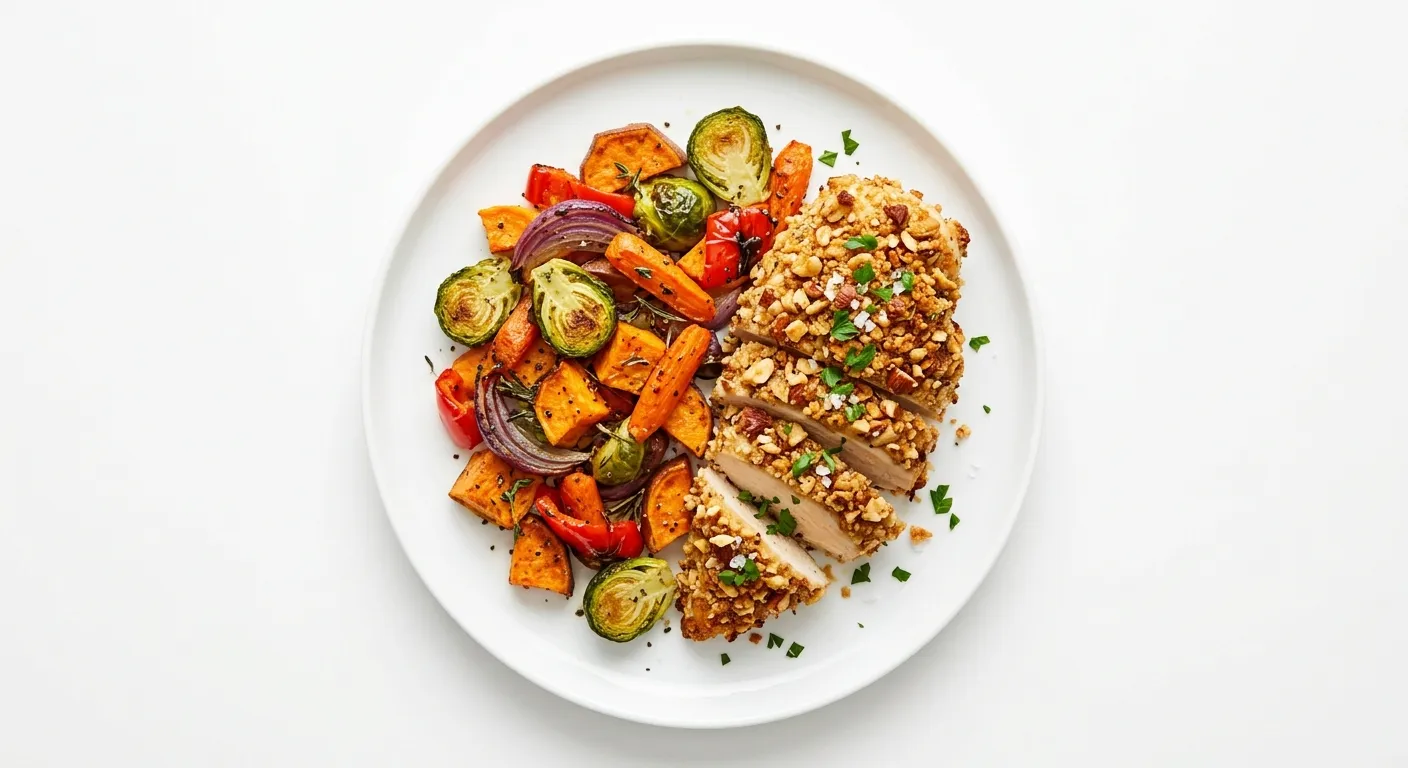 Banana Almond Crusted Chicken with Roasted Vegetables