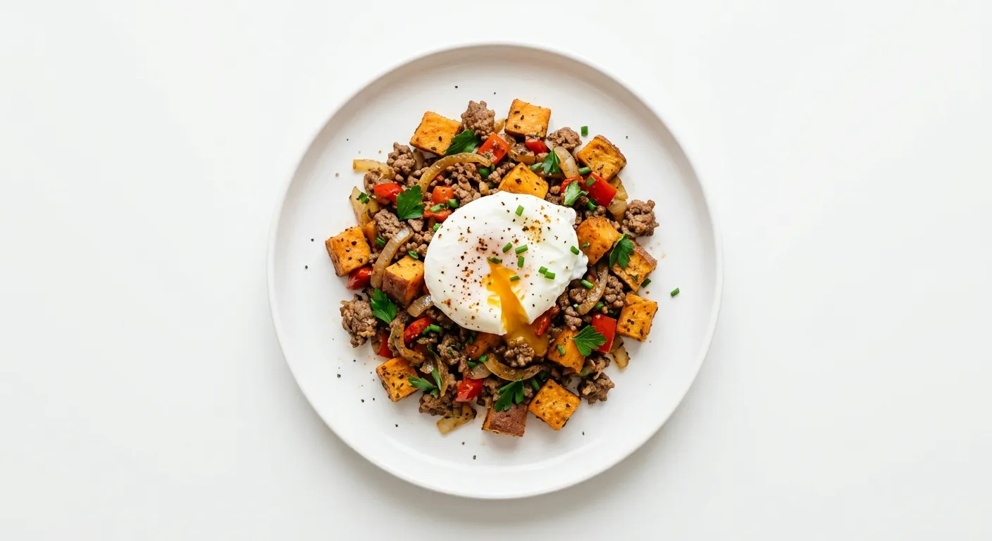 Beef and Sweet Potato Hash with Poached Egg