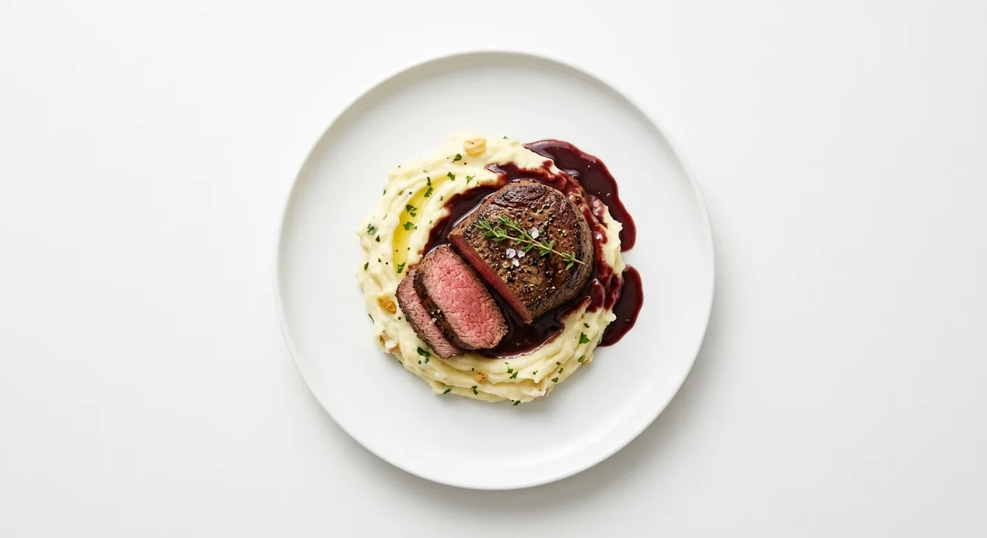 Beef Fillet with Red Wine Reduction and Garlic Mashed Potatoes