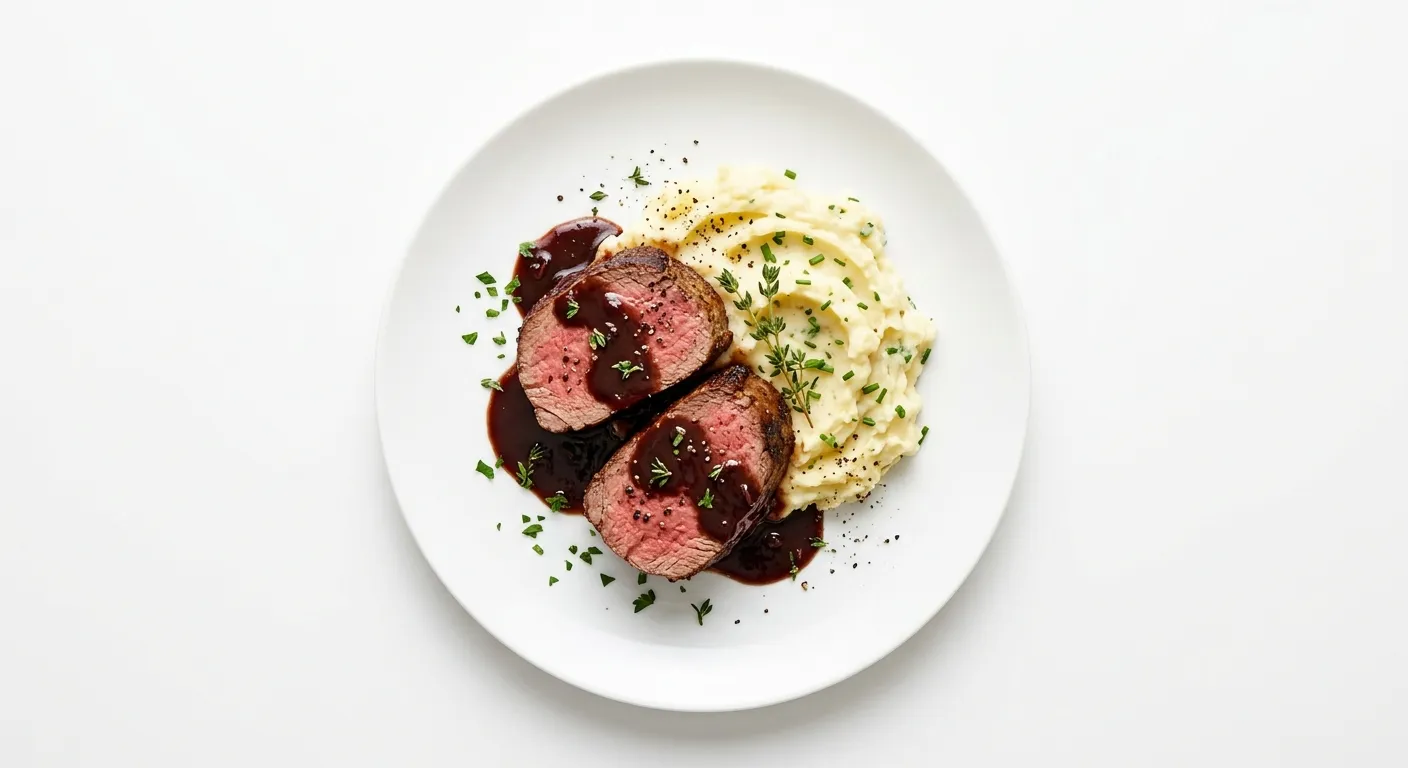 Beef Tenderloin with Red Wine Reduction and Garlic Mashed Potatoes