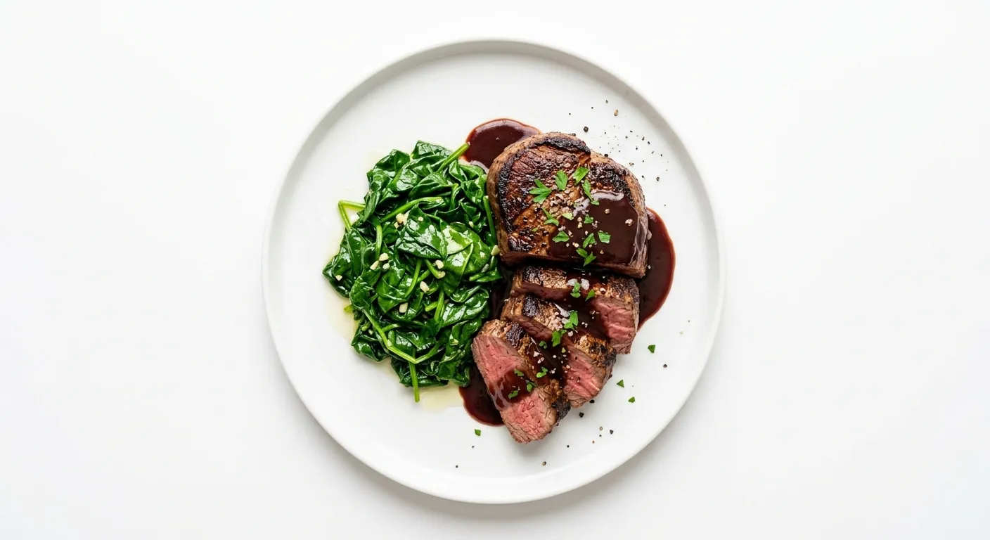 Beef Tenderloin with Red Wine Sauce and Sautéed Spinach