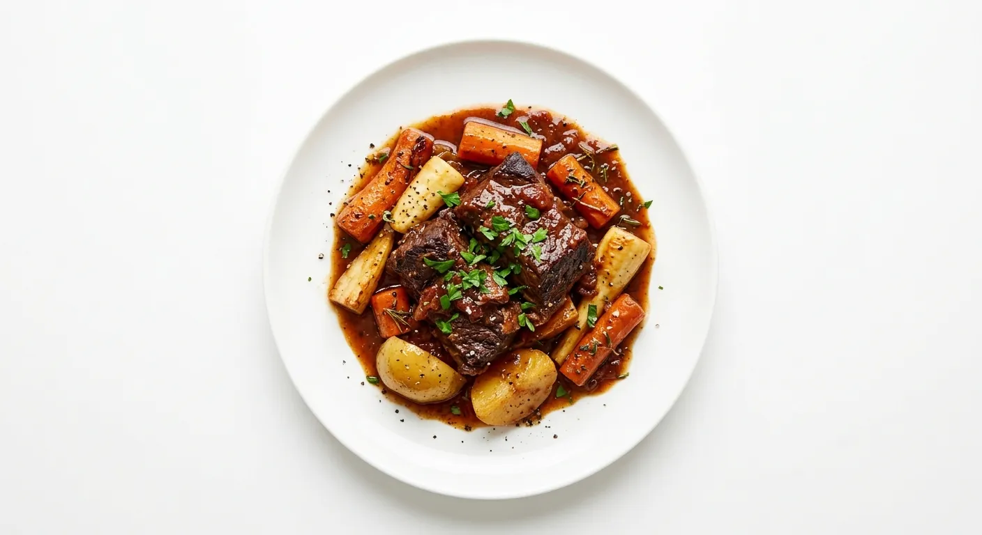 Braised Beef with Root Vegetables and Tomato Reduction