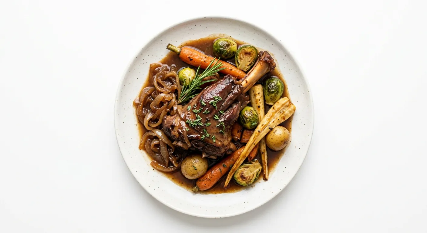 Braised Lamb Shanks with Caramelized Onions and Seasonal Vegetables