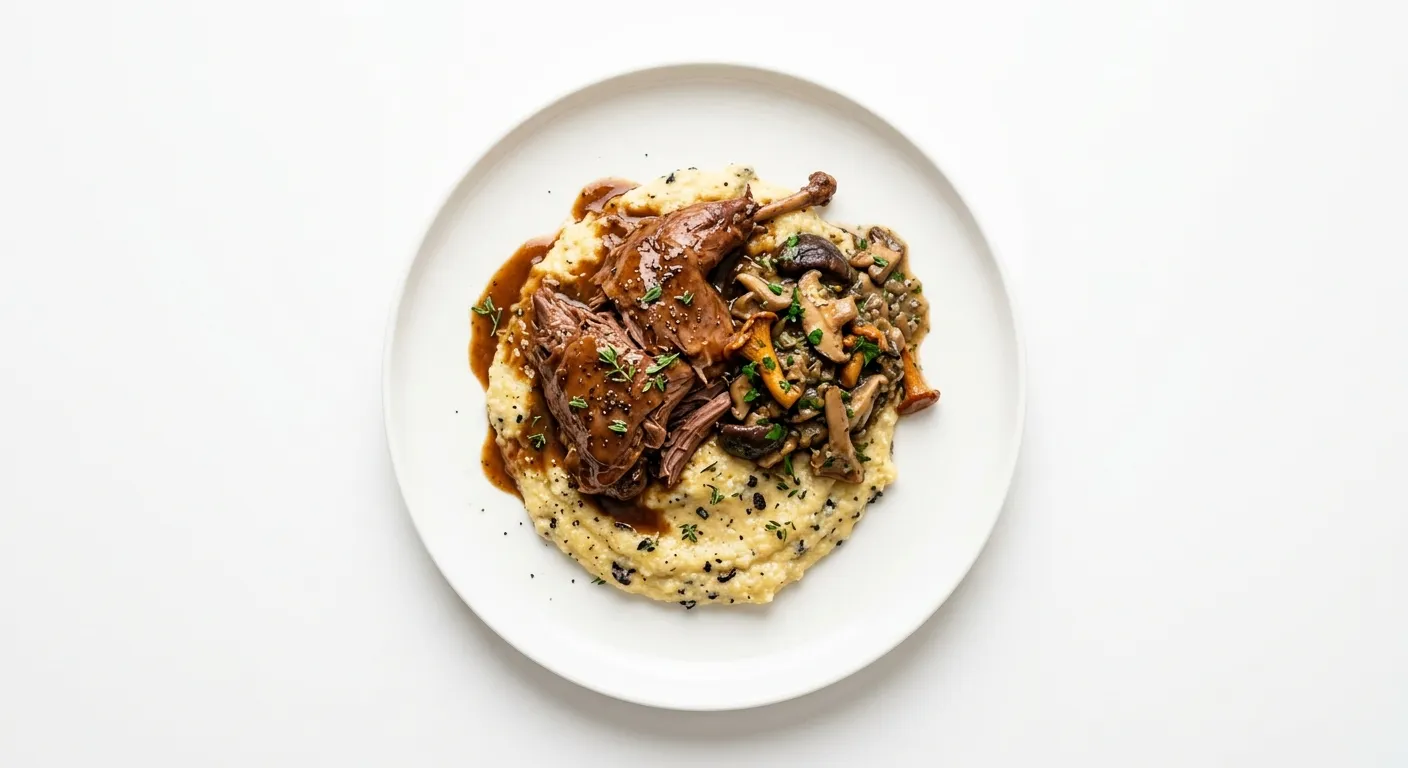 Braised Rabbit with Truffle Polenta and Wild Mushroom Ragout