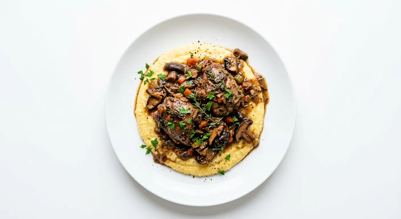 Braised Rabbit with Wild Mushroom Ragout and Polenta