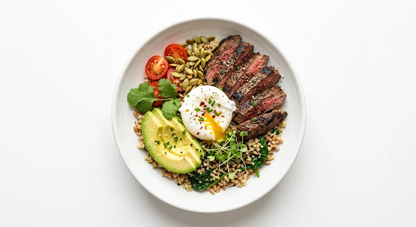 Gourmet Breakfast Bowl with Beef, Avocado, and Poached Egg