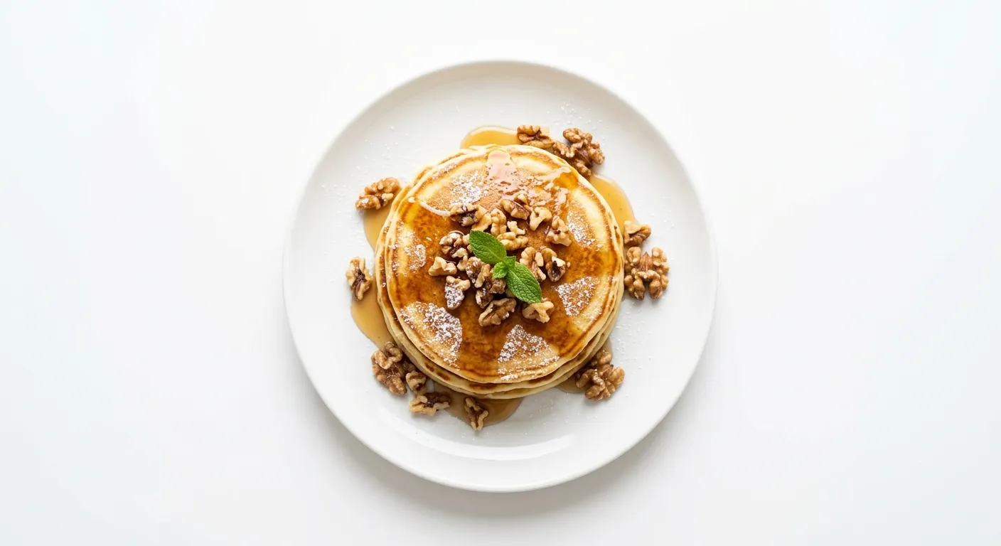 Autumn Breakfast Pancakes with Maple Syrup and Walnuts