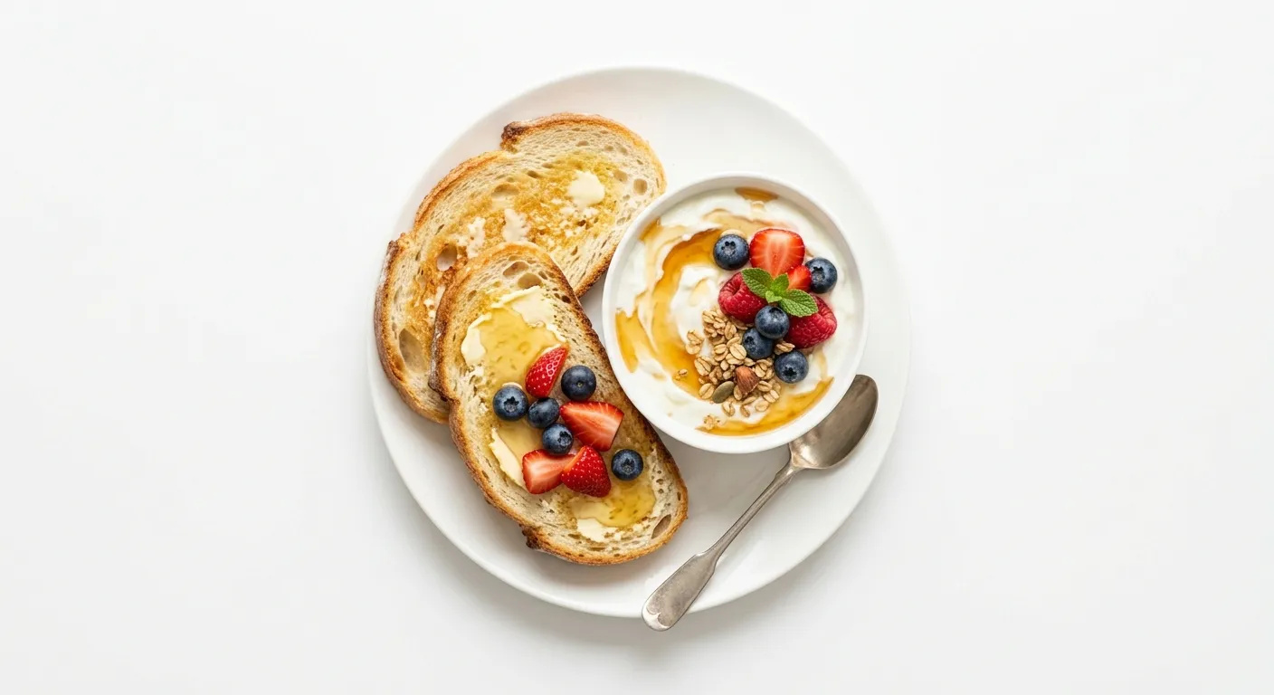Breakfast with White Bread and Honey Yogurt