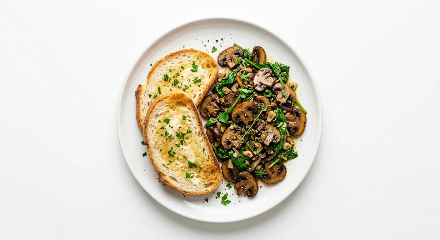 Breakfast with White Bread and Mushroom Spinach Sauté