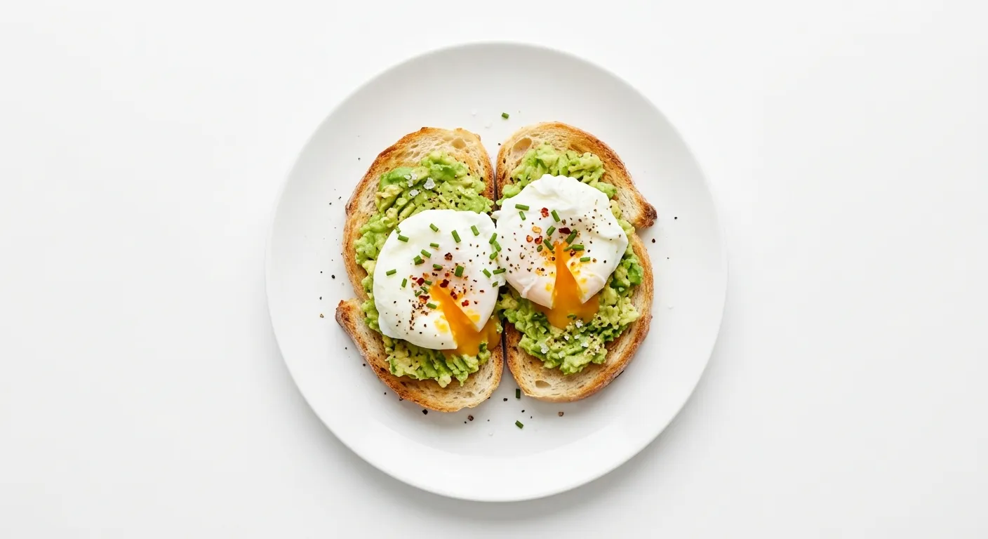Breakfast with White Bread and Poached Eggs with Avocado