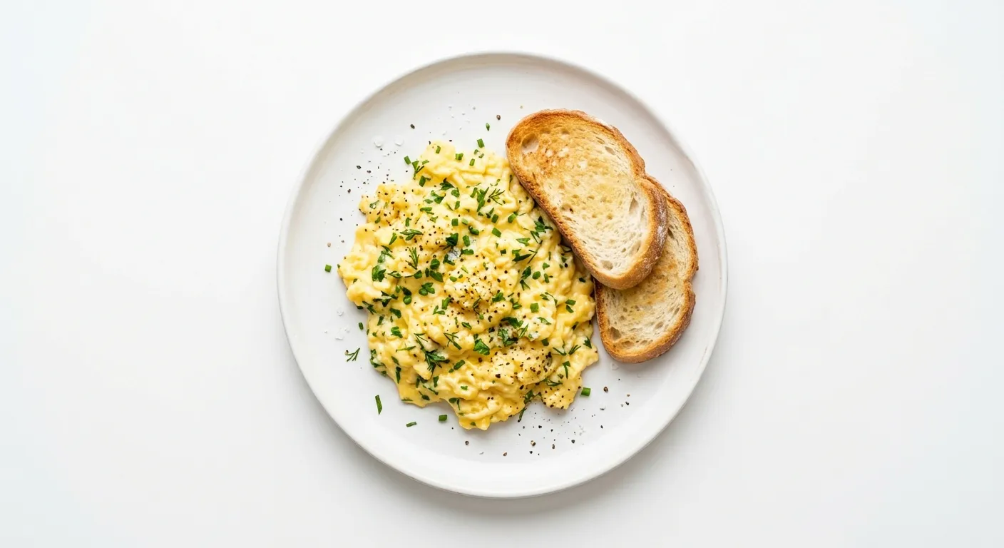 Breakfast with White Bread and Scrambled Eggs with Herbs