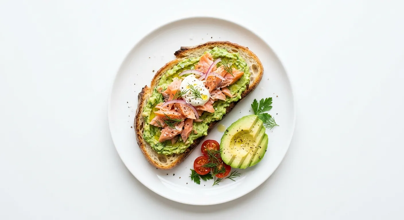 Breakfast with White Bread and Smoked Salmon Avocado Spread